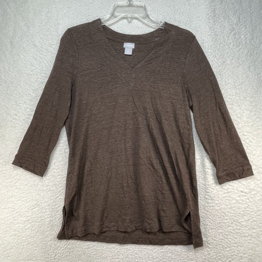 Chicos Tunic Top Womens Small US 4 Brown Linen Blouse 3/4 Sleeves V Neck